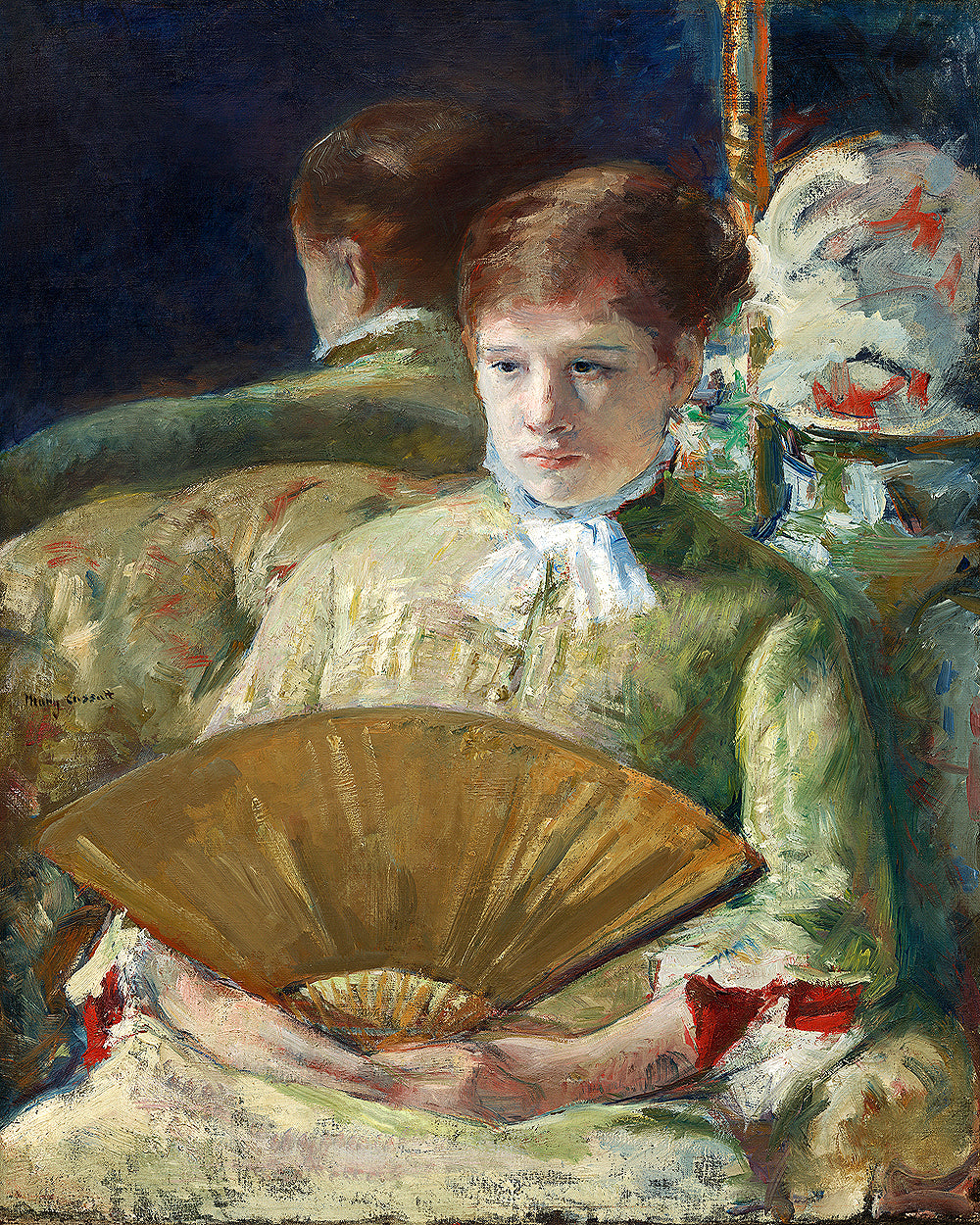 A framed print of a painting depicting a woman holding a fan, with options to mount or frame the print in various colors.