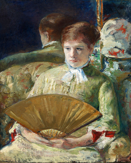 A framed print of a painting depicting a woman holding a fan, with options to mount or frame the print in various colors.