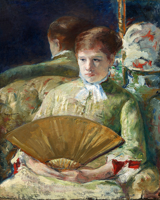 A framed print of a painting depicting a woman holding a fan, with options to mount or frame the print in various colors.