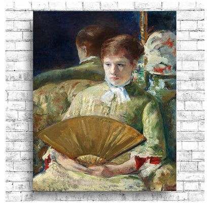 A framed print of a painting depicting a woman holding a fan, with options to mount or frame the print in various colors.