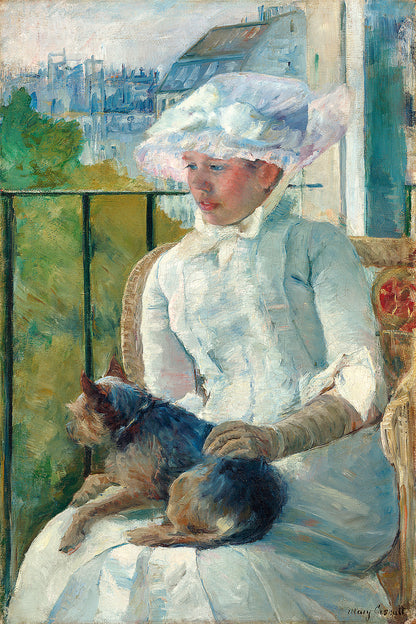 A framed print of a painting depicting a young girl seated at a window, wearing a white hat and interacting with a small dog.