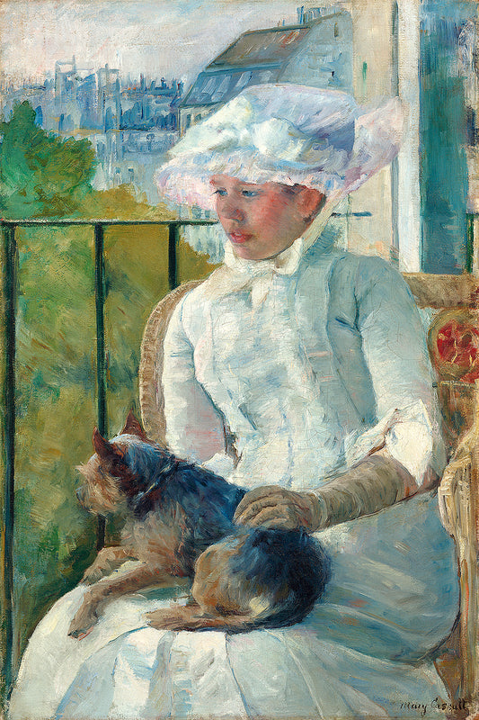 A framed print of a painting depicting a young girl seated at a window, wearing a white hat and interacting with a small dog.