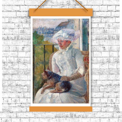 A framed print of a painting depicting a young girl seated at a window, wearing a white hat and interacting with a small dog.