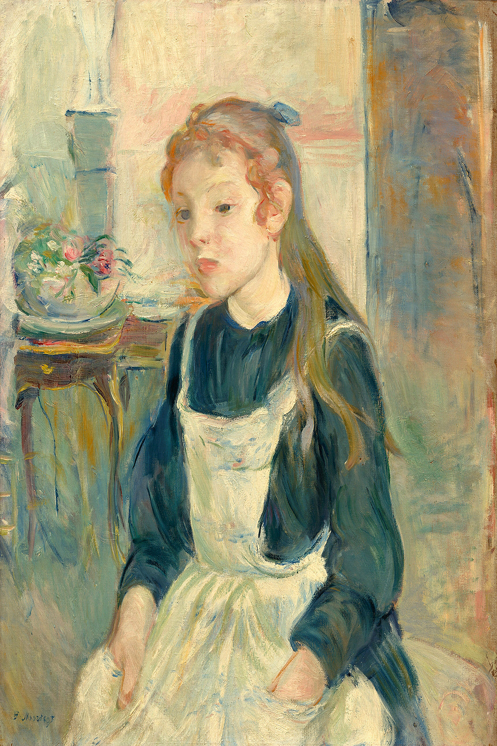 A framed print of a young girl with an apron, featuring a soft, impressionistic style with predominantly soft blue and white colors.