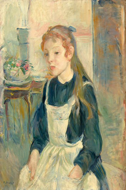 A framed print of a young girl with an apron, featuring a soft, impressionistic style with predominantly soft blue and white colors.