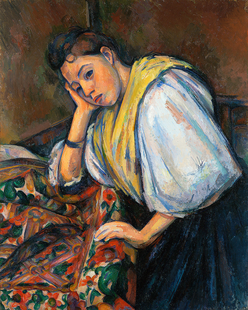 A printed art piece featuring a young Italian woman seated at a table, dressed in a white blouse with a yellow scarf, with a focus on the artistic brushwork and vibrant colors.