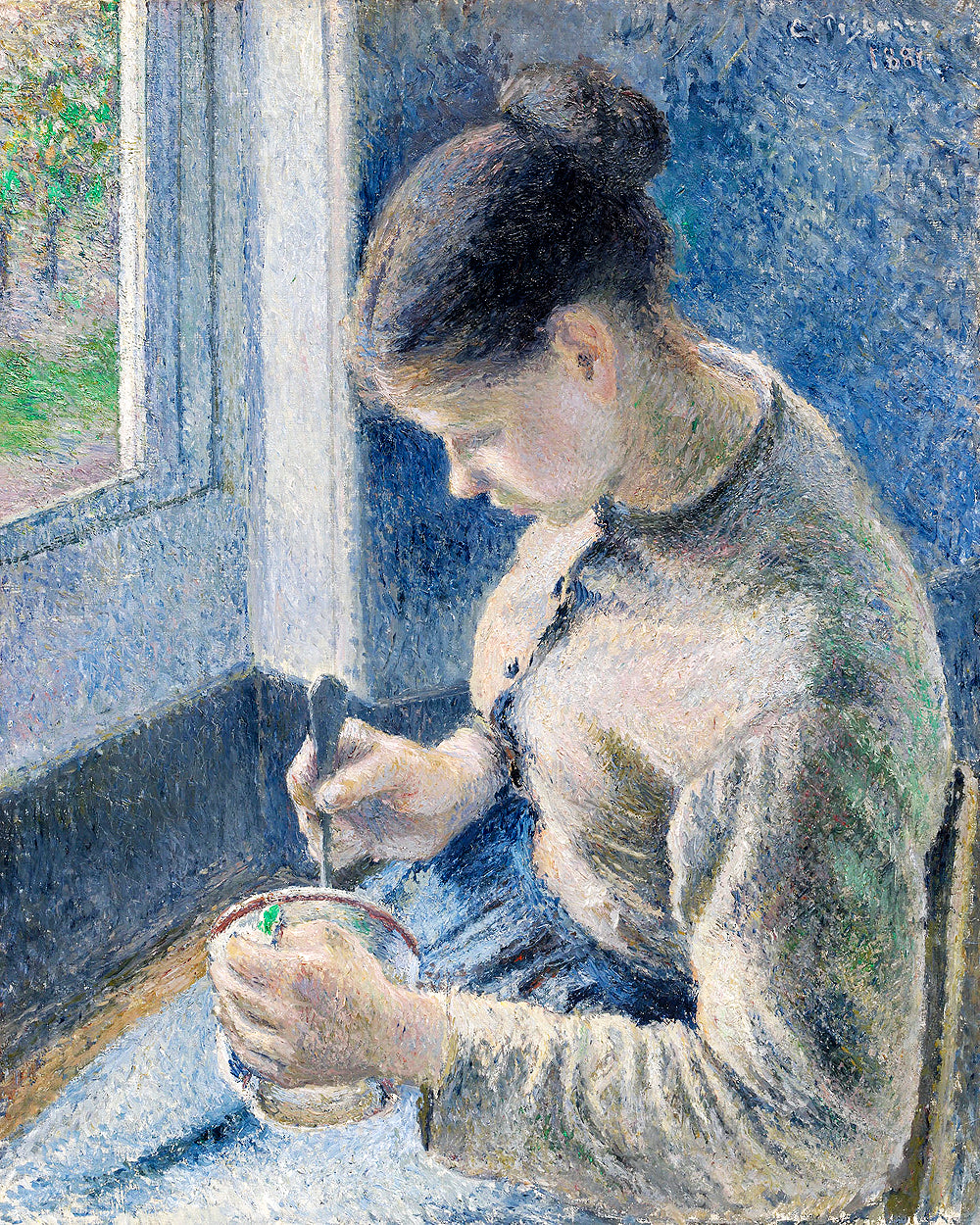 Young Peasant Having Her Coffee (1881) by Camile Pissarro - Buy Print Only or Mounted with Choice of Accent Color