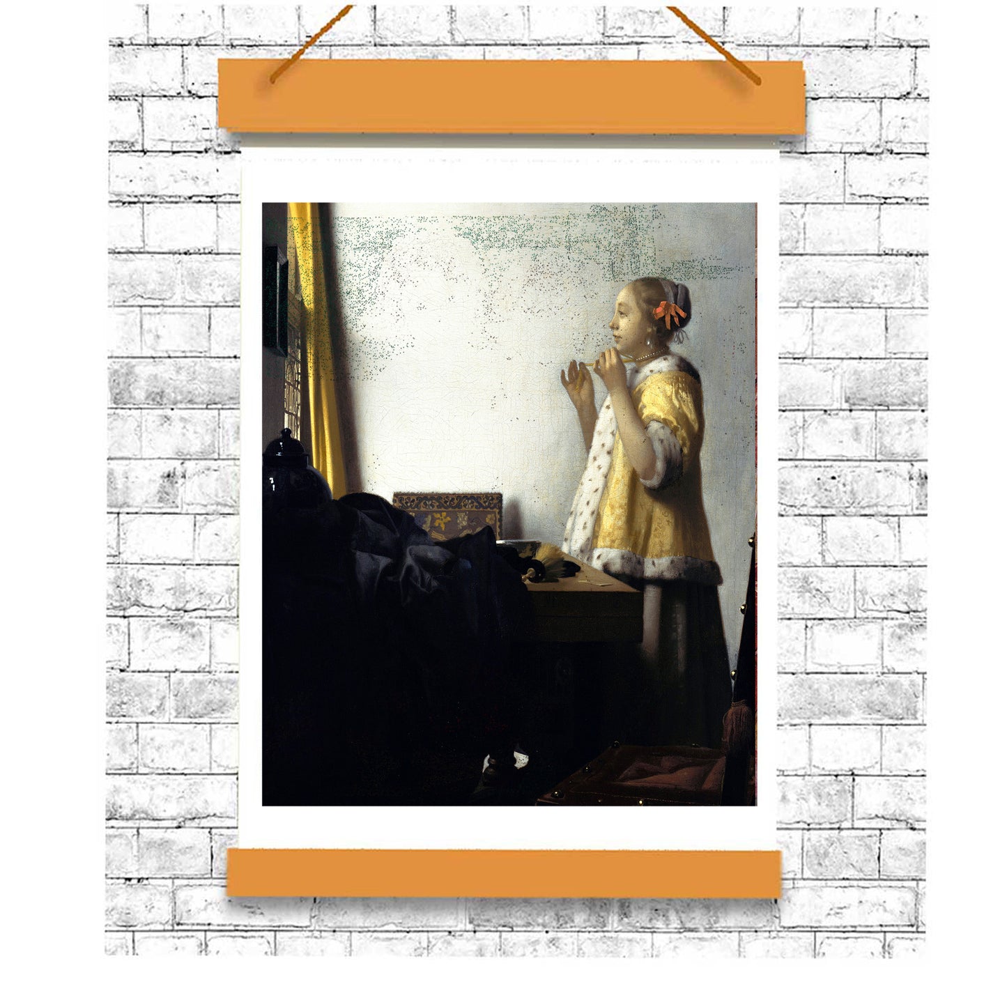 A printed reproduction of Johannes Vermeer's painting 'Young Woman with a Pearl Necklace', featuring a young woman in a baroque style dress, standing beside a window.