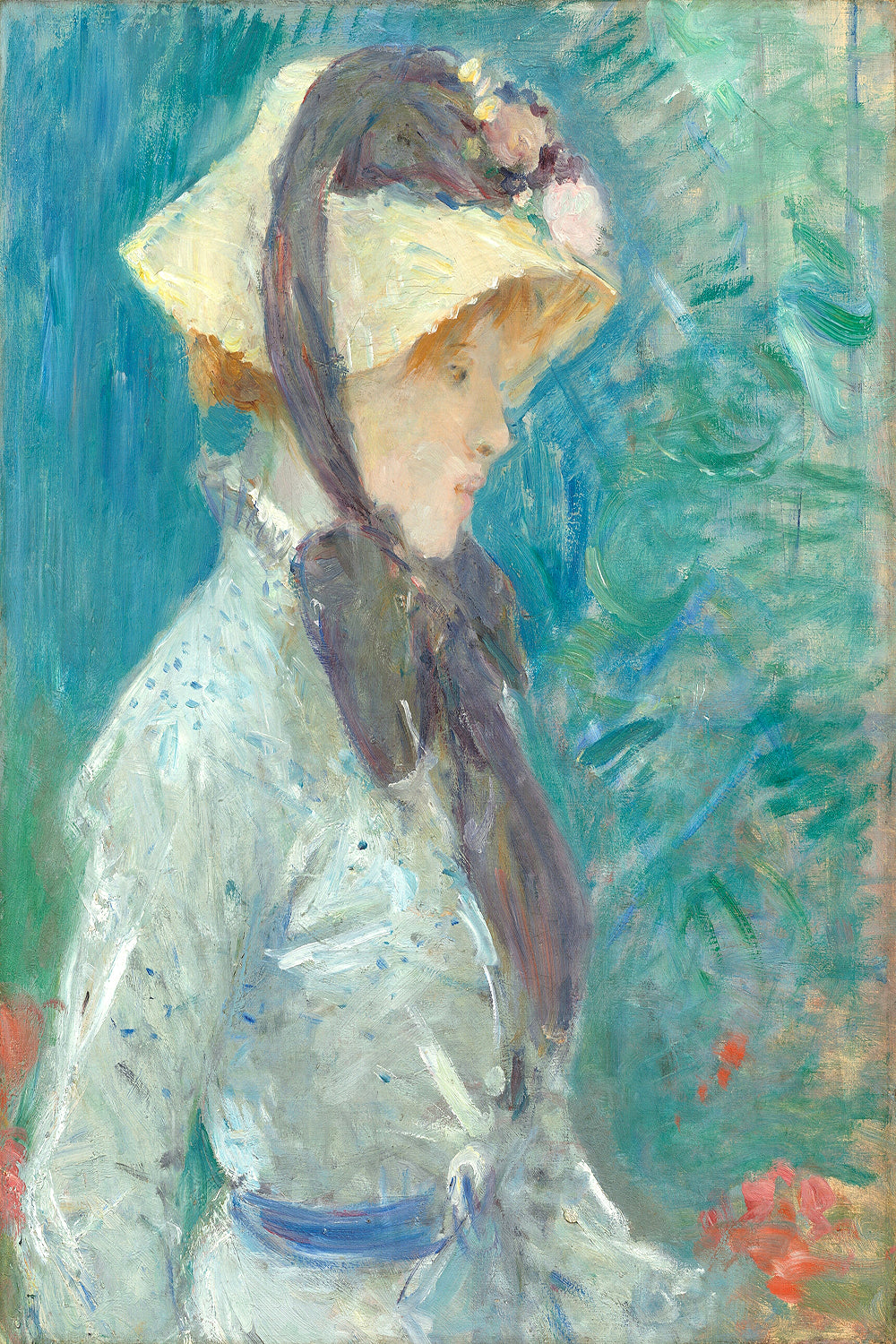 A framed painting of a young woman with a straw hat, predominantly in shades of blue and white, with a decorative black border.