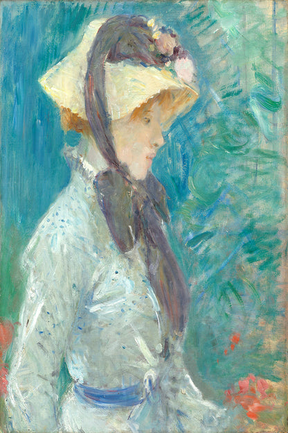 A framed painting of a young woman with a straw hat, predominantly in shades of blue and white, with a decorative black border.