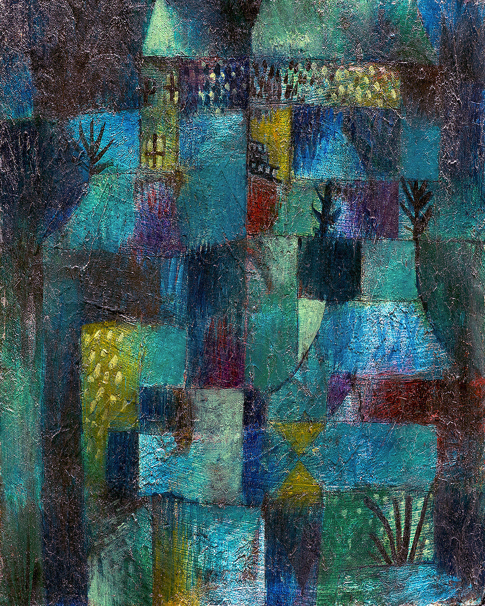 A framed print of a terraced garden featuring an abstract composition with a variety of shapes and colors, predominantly blues and greens, bordered by a black frame.