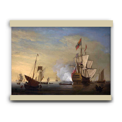 English Ship with Sails Loosened Firing a Gun by Peter Monamy 1696 | Hanging Canvas Art | Choice of Board Colors