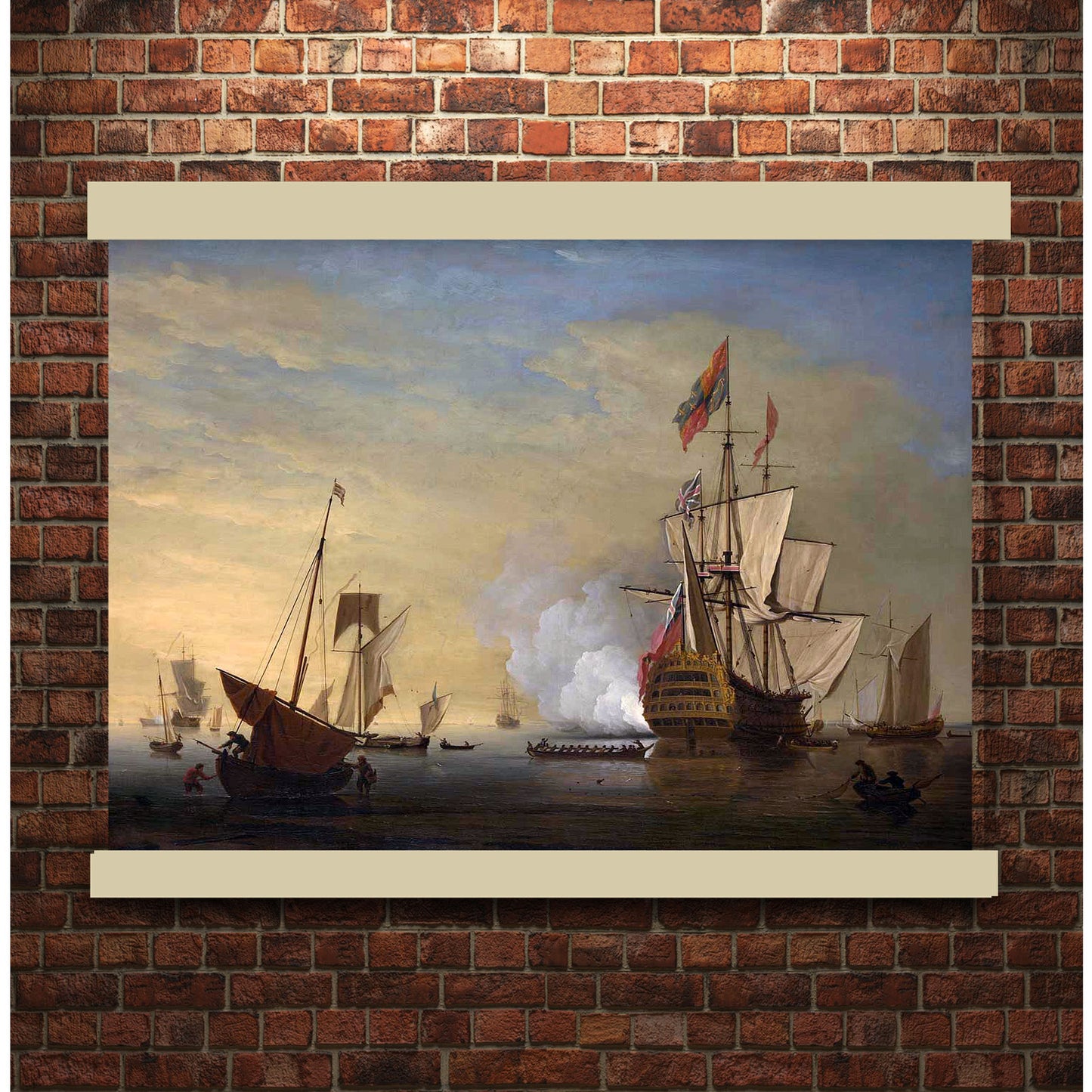 English Ship with Sails Loosened Firing a Gun by Peter Monamy 1696 | Hanging Canvas Art | Choice of Board Colors