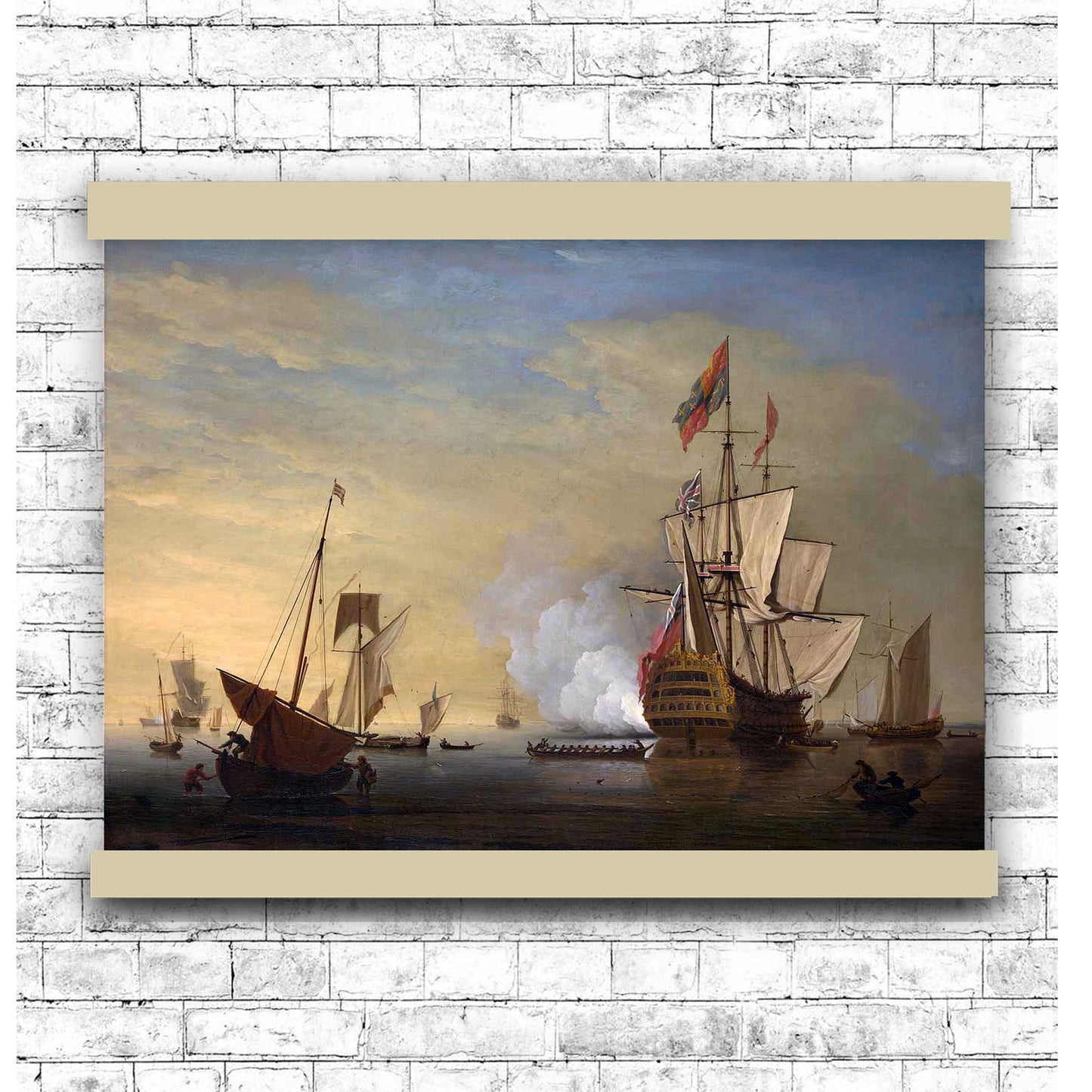 English Ship with Sails Loosened Firing a Gun by Peter Monamy 1696 | Hanging Canvas Art | Choice of Board Colors