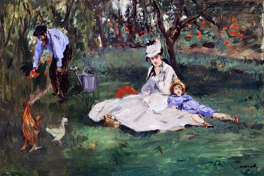 A printed art piece featuring 'The Monet Family in Their Garden at Argenteuil (1874)' by Claude Monet, with a black frame around the image.
