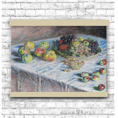Apples and Grapes (1880) by Claude Monet | Hanging Canvas Art | Choice of Board Color
