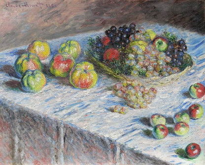 Apples and Grapes (1880) by Claude Monet | Hanging Canvas Art | Choice of Board Color