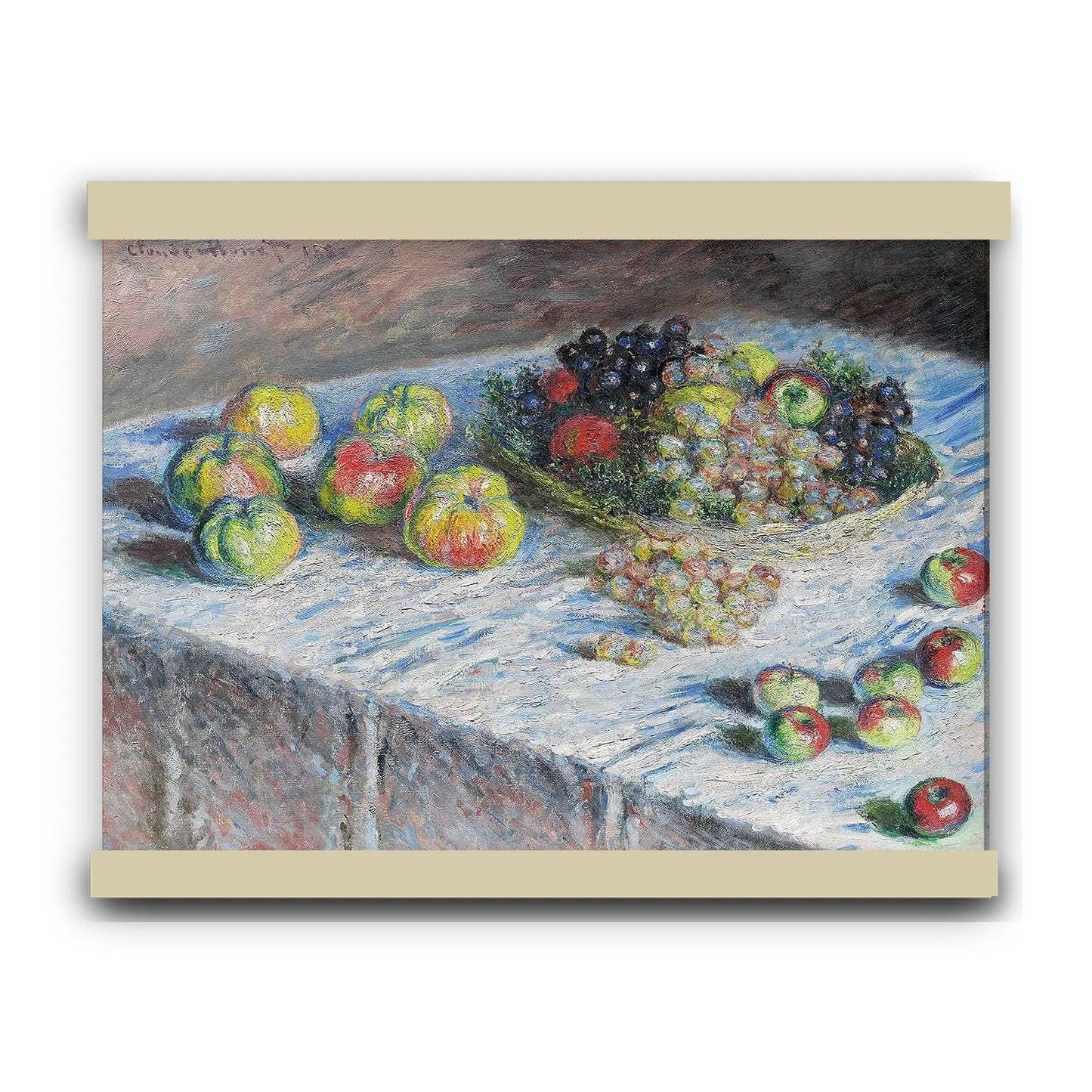 Apples and Grapes (1880) by Claude Monet | Hanging Canvas Art | Choice of Board Color