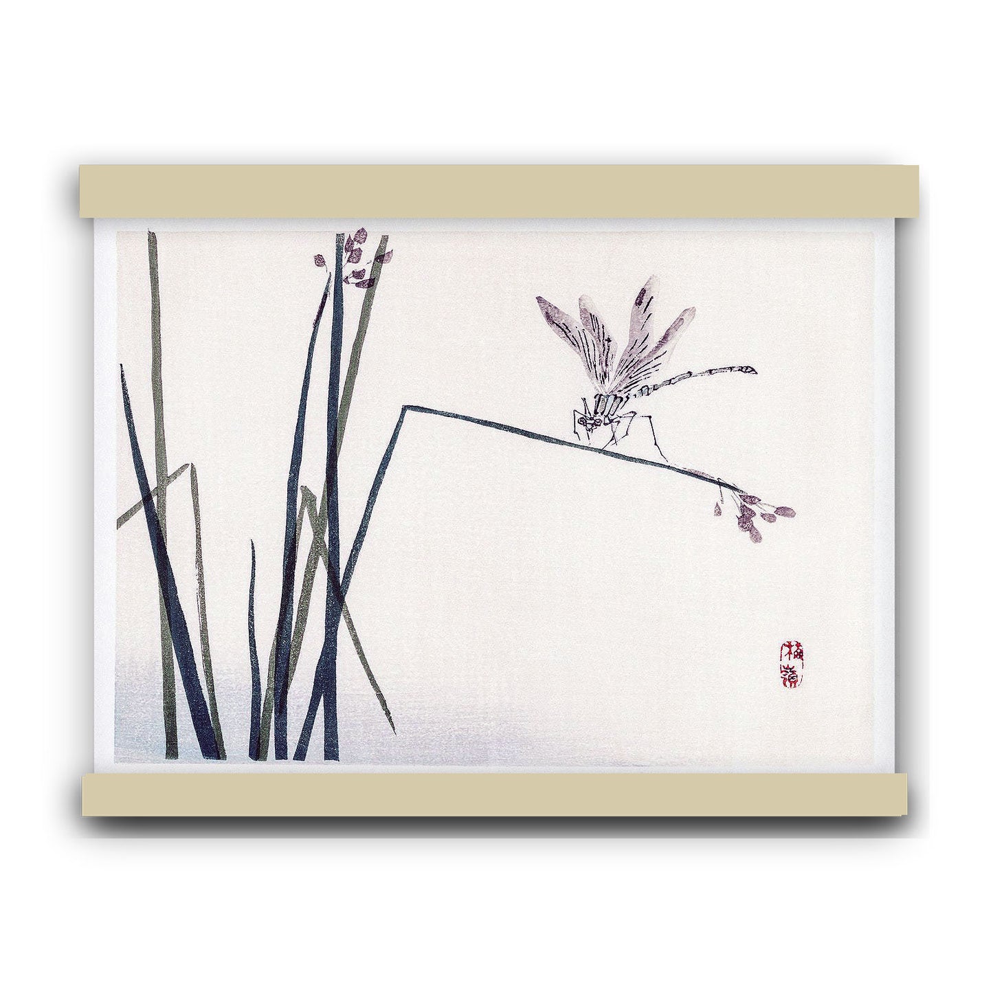 Dragonfly on Bulrush leaf (1913) by Kōno Bairei | Hanging Canvas Art | Choice of Board Colors