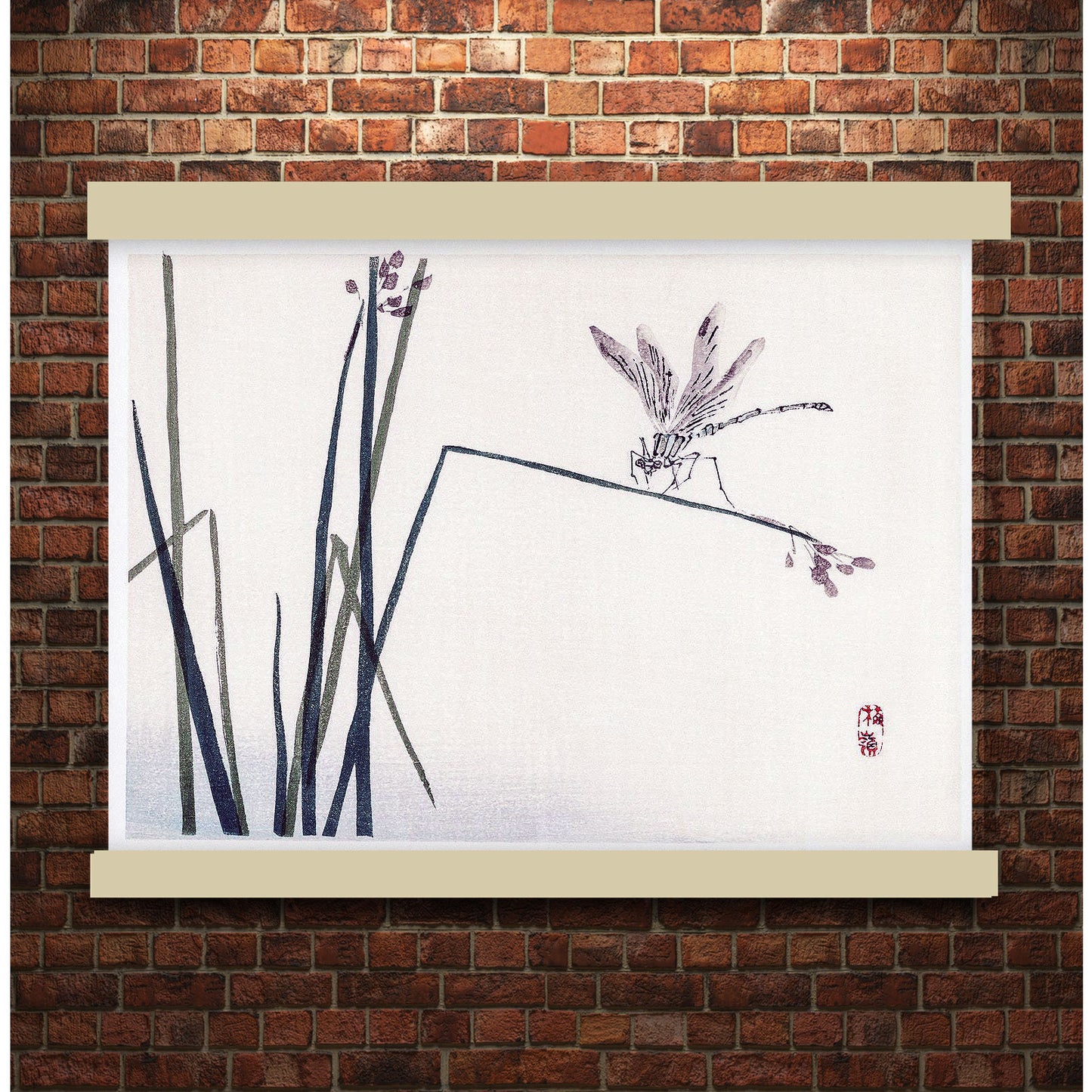Dragonfly on Bulrush leaf (1913) by Kōno Bairei | Hanging Canvas Art | Choice of Board Colors