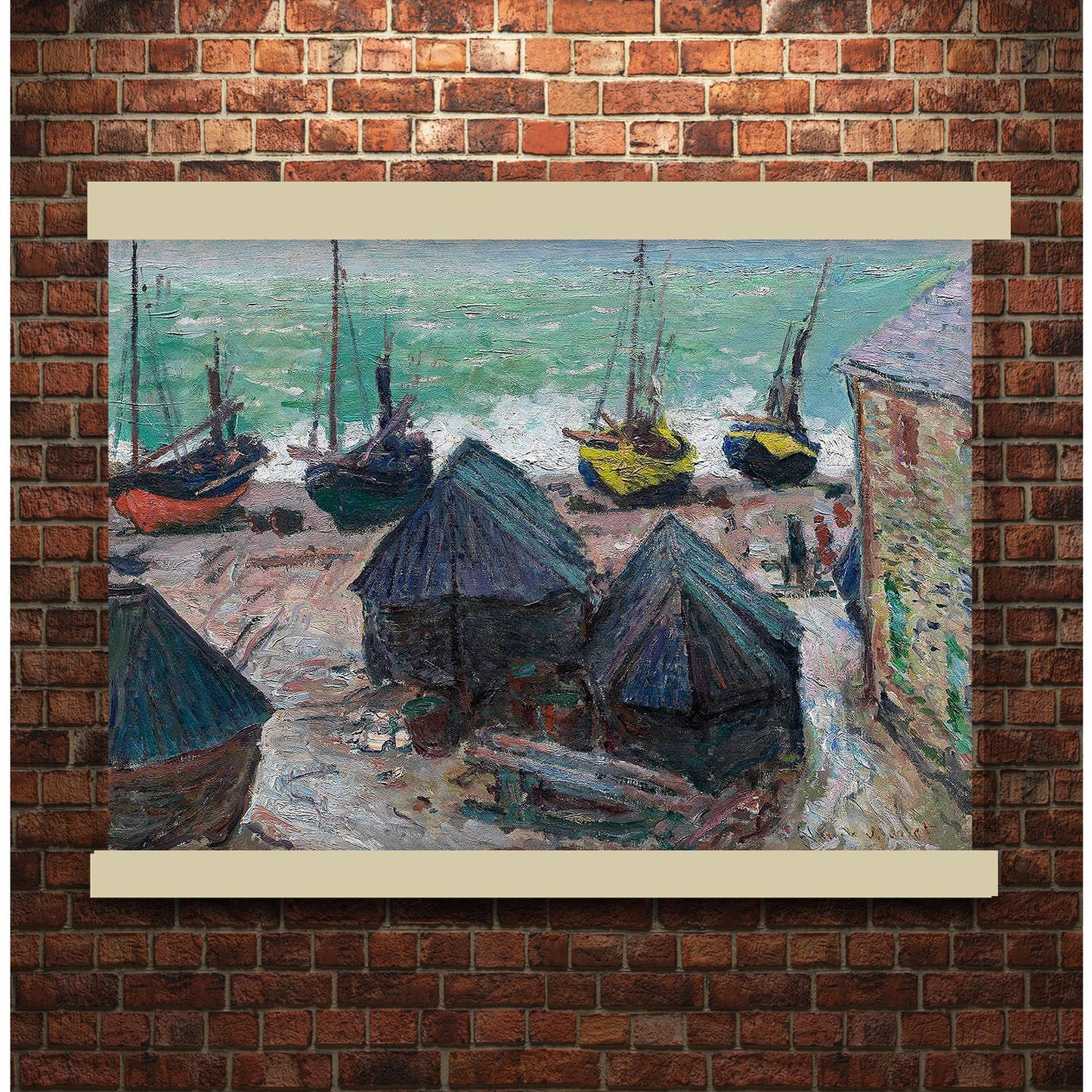 Boats on the Beach at Étretat (1885) by Claude Monet | Hanging Canvas Art | Choice of Board Colors