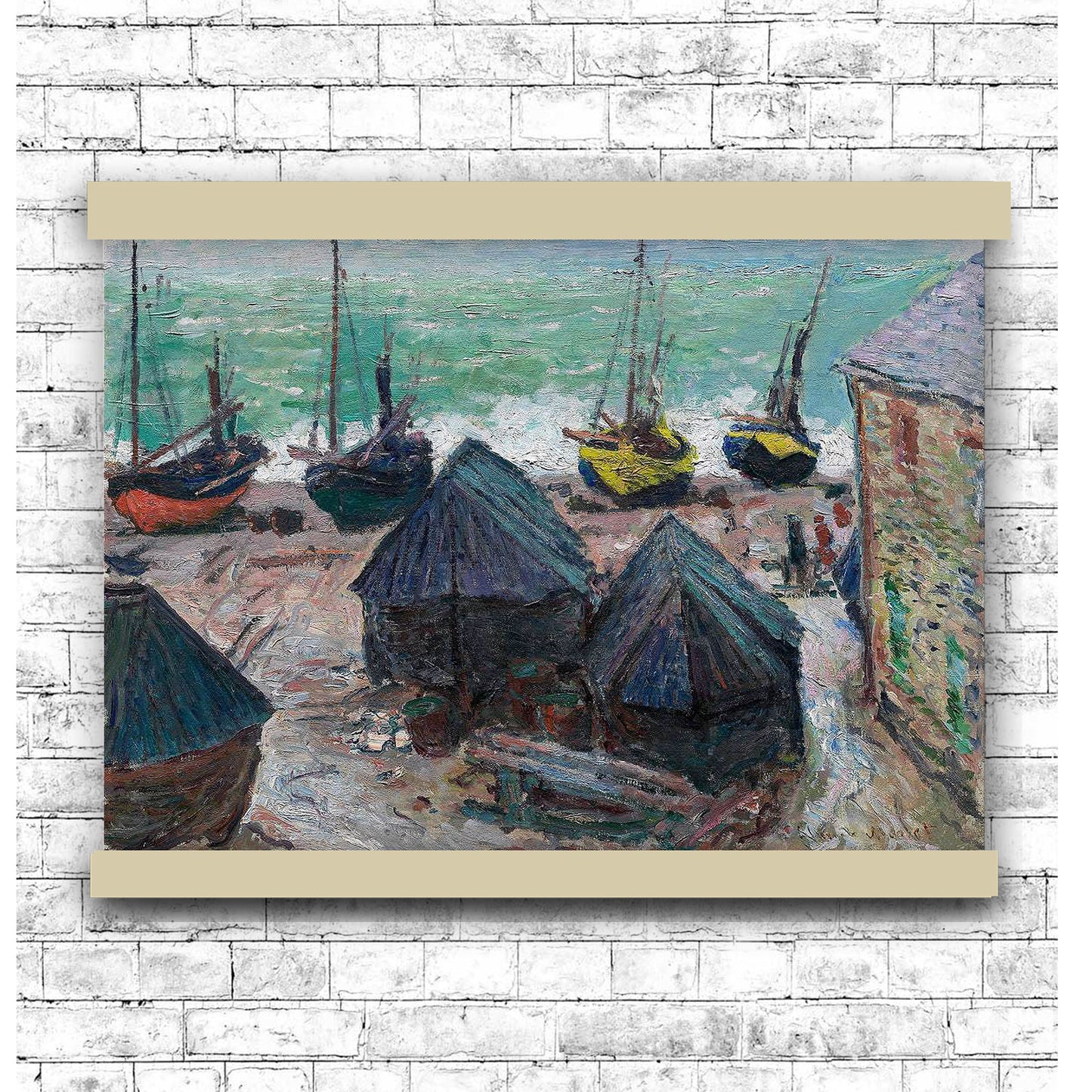 Boats on the Beach at Étretat (1885) by Claude Monet | Hanging Canvas Art | Choice of Board Colors