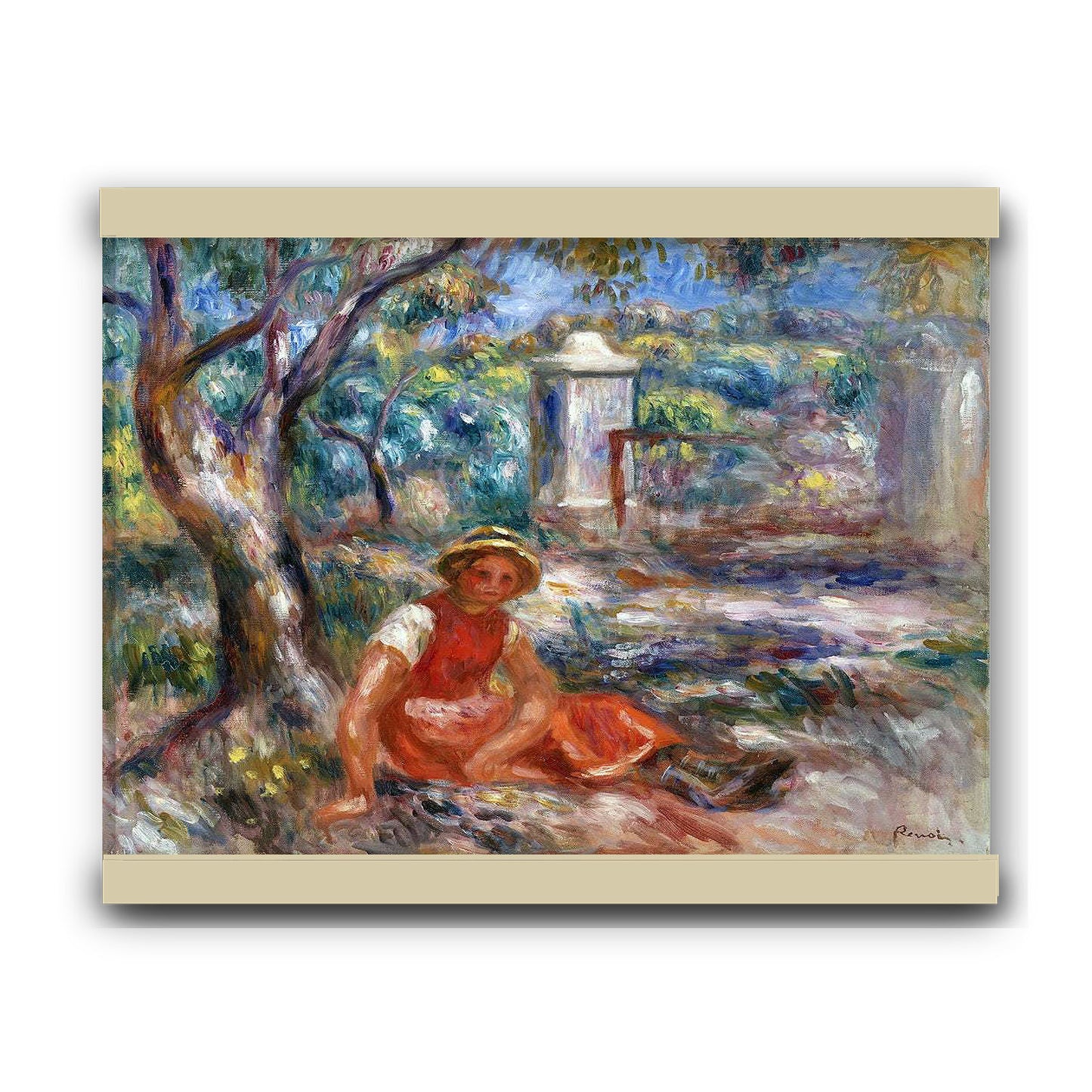 Girl at the Foot of a Tree (1914) by Pierre-Auguste Renoir | Hanging Canvas Art | Choice of Board Colors