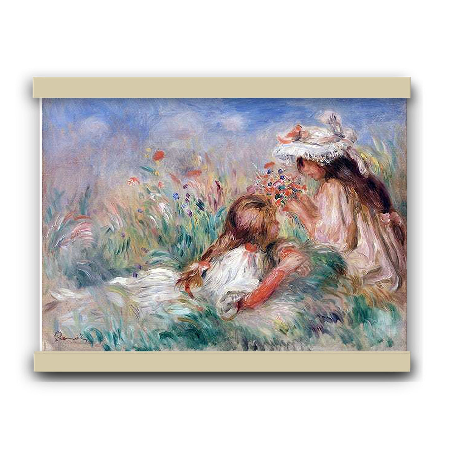 Girls in the Grass Arranging a Bouquet (1890) by Pierre-Auguste Renoir | Hanging Canvas Art | Choice of Board Colors
