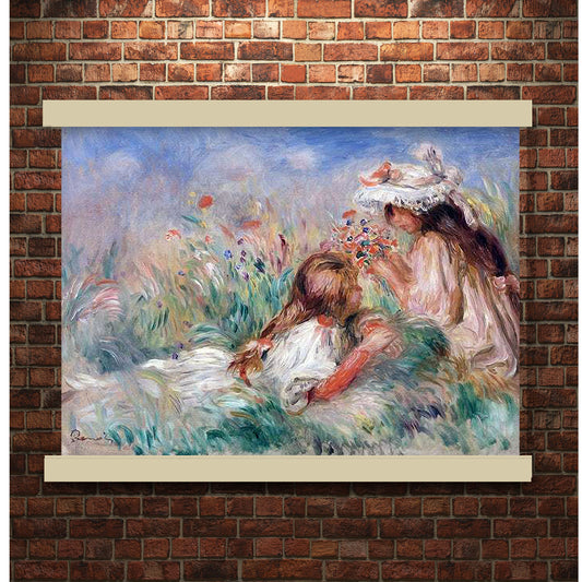 Girls in the Grass Arranging a Bouquet (1890) by Pierre-Auguste Renoir | Hanging Canvas Art | Choice of Board Colors
