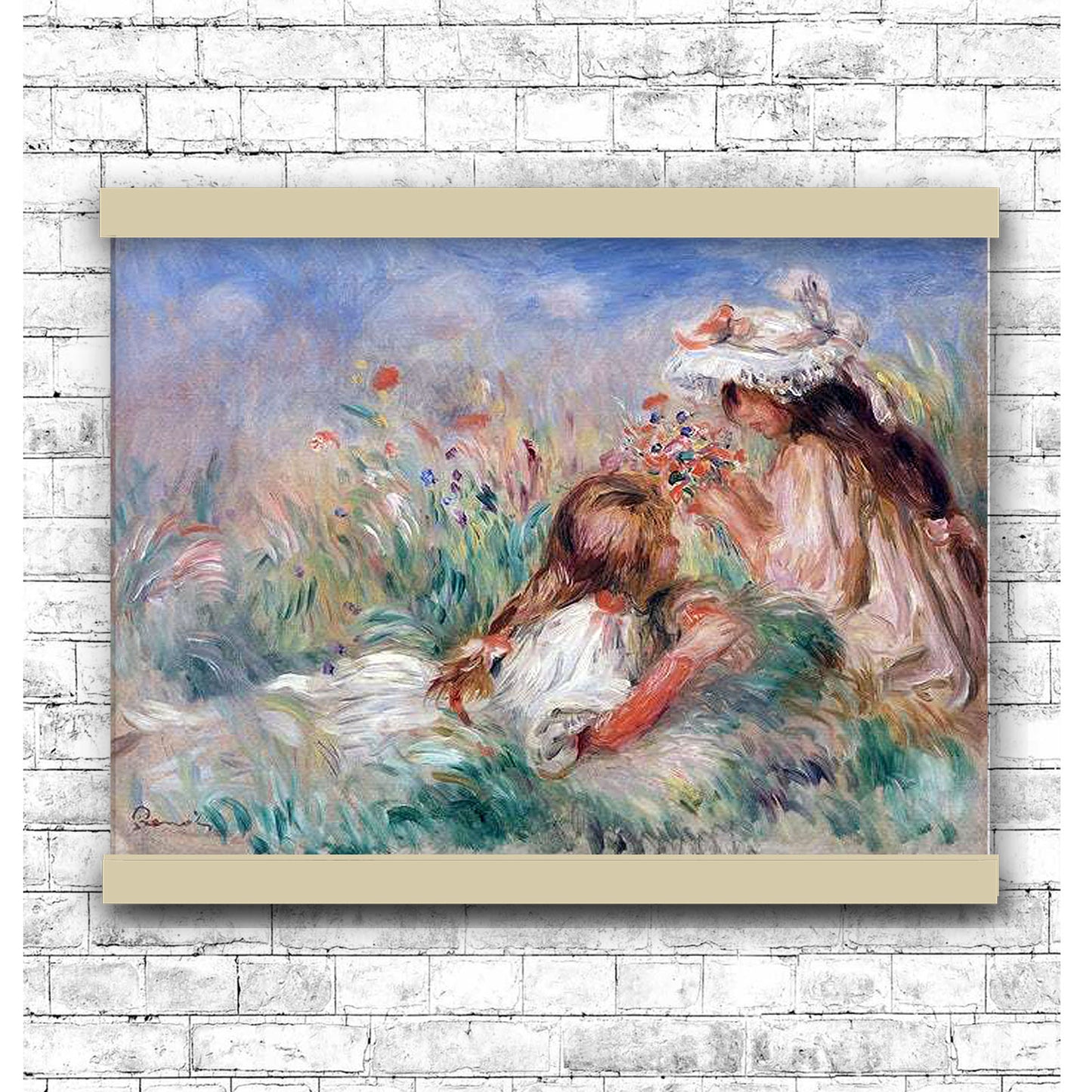 Girls in the Grass Arranging a Bouquet (1890) by Pierre-Auguste Renoir | Hanging Canvas Art | Choice of Board Colors