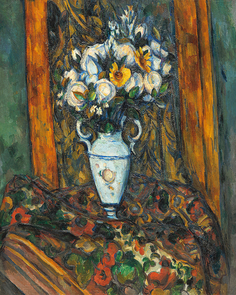A printed artwork depicting a vase of flowers, framed and displayed against a wooden background.