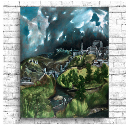A framed print of 'The View of Todeldo' by El Greco, showing a dramatic landscape with a cityscape in the background and a vivid sky.