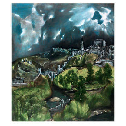 A framed print of 'The View of Todeldo' by El Greco, showing a dramatic landscape with a cityscape in the background and a vivid sky.