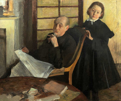A framed painting depicting an older gentleman seated and a young girl standing, both dressed in dark clothing, with the gentleman holding a cigarette.
