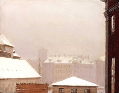 A framed print depicting a snowy cityscape with focus on the rooftops of buildings, rendered in a soft, realistic art style.