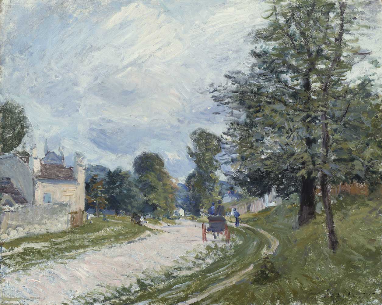 A artwork depicting a landscape with a road, trees, and a building, painted in a impressionistic style.