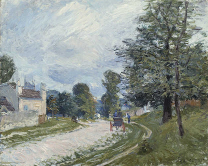 A artwork depicting a landscape with a road, trees, and a building, painted in a impressionistic style.