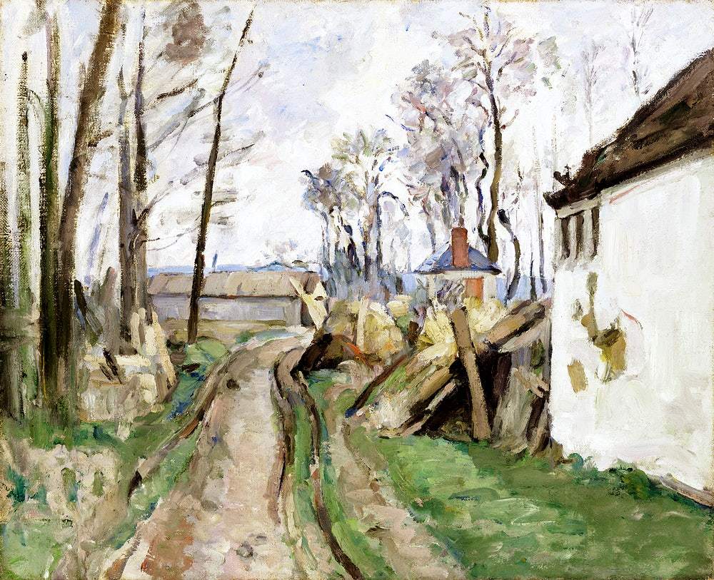 A printed art piece featuring a landscape with a road, trees, and a building, in an impressionistic style.