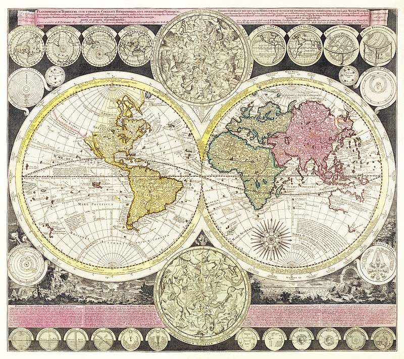 A printed map of the world from 1709 by Adam Friedrich Zuerner, featuring a decorative border and intricate details in various colors.