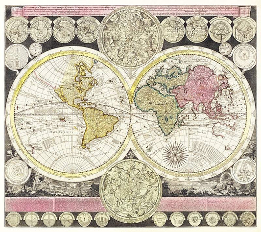 A printed map of the world from 1709 by Adam Friedrich Zuerner, featuring a decorative border and intricate details in various colors.