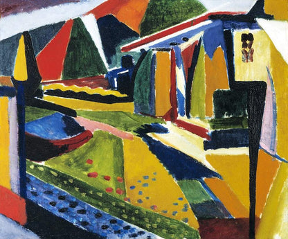 Abstract painting featuring geometric shapes in vibrant colors with a house and trees depicted in a stylized manner.