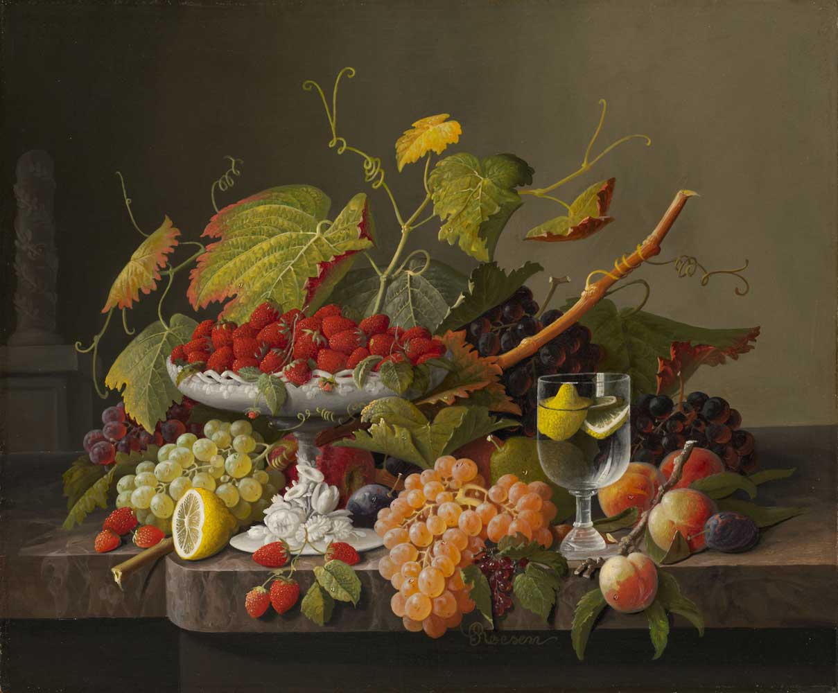 A framed print featuring a still life composition with an array of fruits and a glass of wine, depicted in a vibrant and detailed manner.