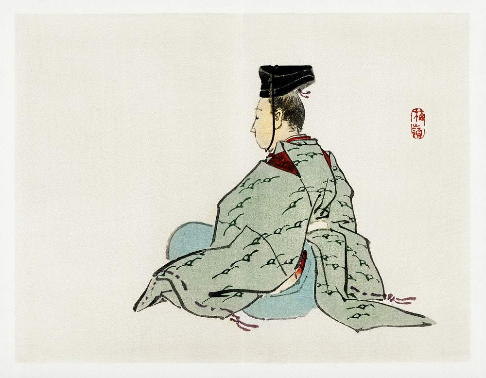 A traditional Japanese woodcut print featuring a seated emperor dressed in blue and white robes with a red collar, against a light background.