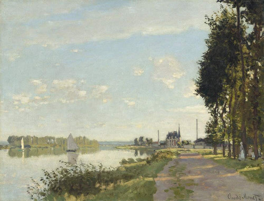 A printed art piece featuring a landscape scene with trees, a path, and a body of water, titled 'Argenteuil (1872)' by Claude Monet.