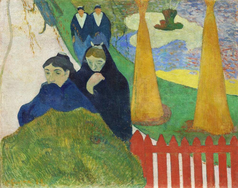 A painting featuring two individuals in a landscape with bright green tones, a red fence, and tall yellow structures in the background.