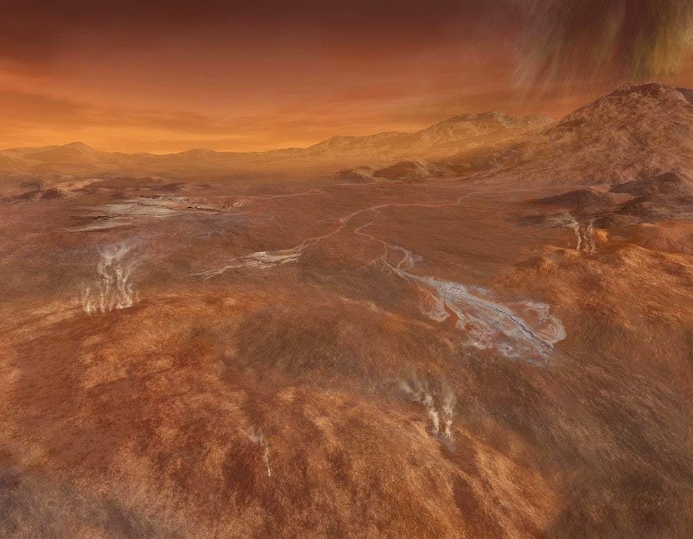 A artistic rendering of a landscape possibly on another planet, with warm orange and salmon hues, part of an astronaut's suit is visible at the bottom, suggesting the perspective of an astronaut.