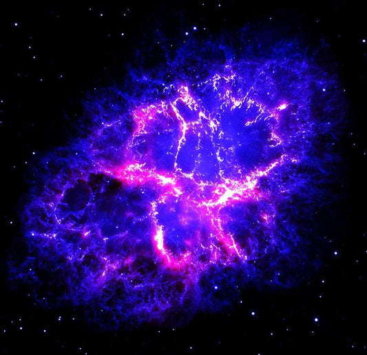 A vibrant print of a blue and violet nebula in outer space, representing a cosmic photograph.