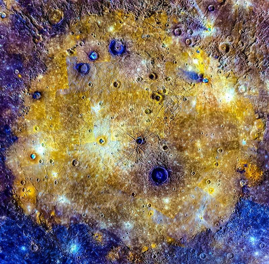 A vibrant image of a celestial body, possibly a moon, with a detailed and textured surface featuring craters and shades of yellow, gold, purple, and blue.