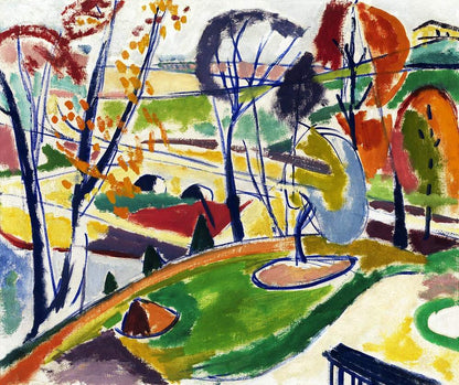 A vibrant abstract painting featuring a landscape with bold colors, including green, orange, and blue, depicting trees and an outdoor scene.