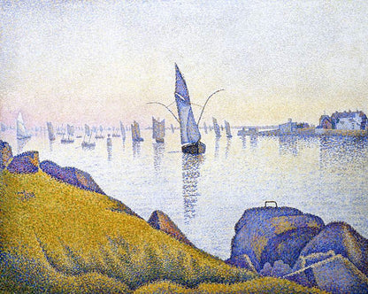 A vibrant artwork featuring a landscape with a body of water, boats, and hills, rendered in Impressionist style with bright colors and distinct brush strokes.